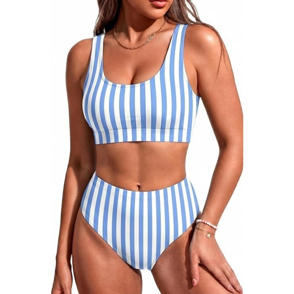 Tempt Me Women's Sporty 2pc Blue/White Stripe High Waist Swimsuit - Medium